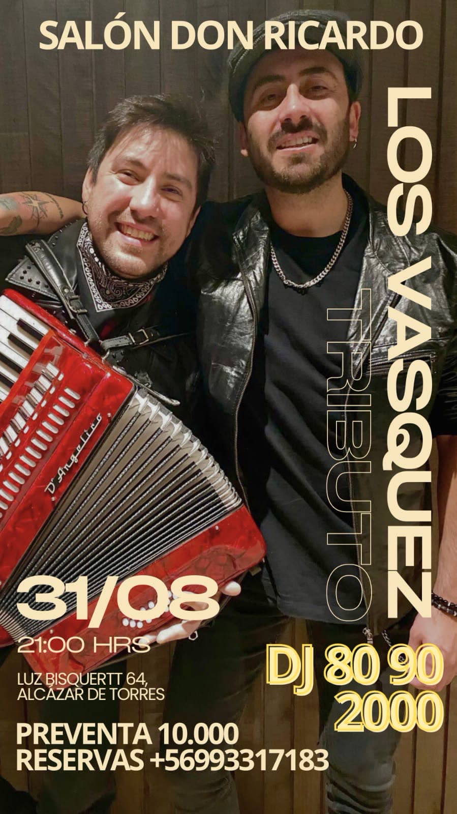 Flyer vertical del tributo a Los Vásquez en Salón Don Ricardo, con fecha, hora y valor de preventa