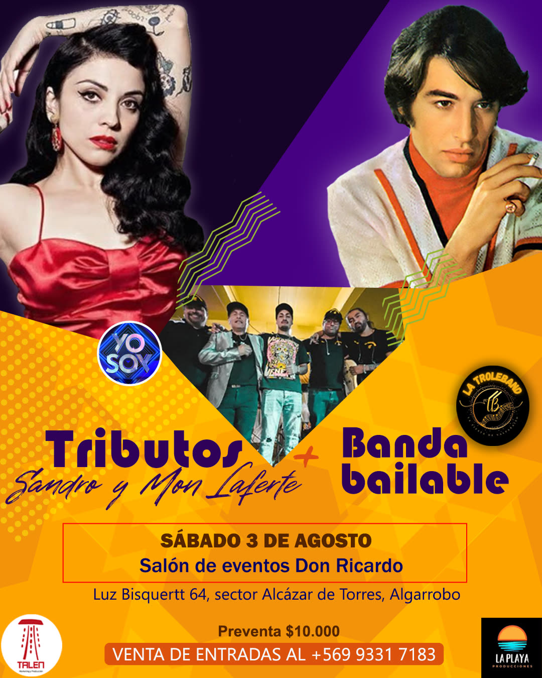 Cartel de los tributos a Sandro y Mon Laferte con banda bailable en el Salón de eventos Don Ricardo
