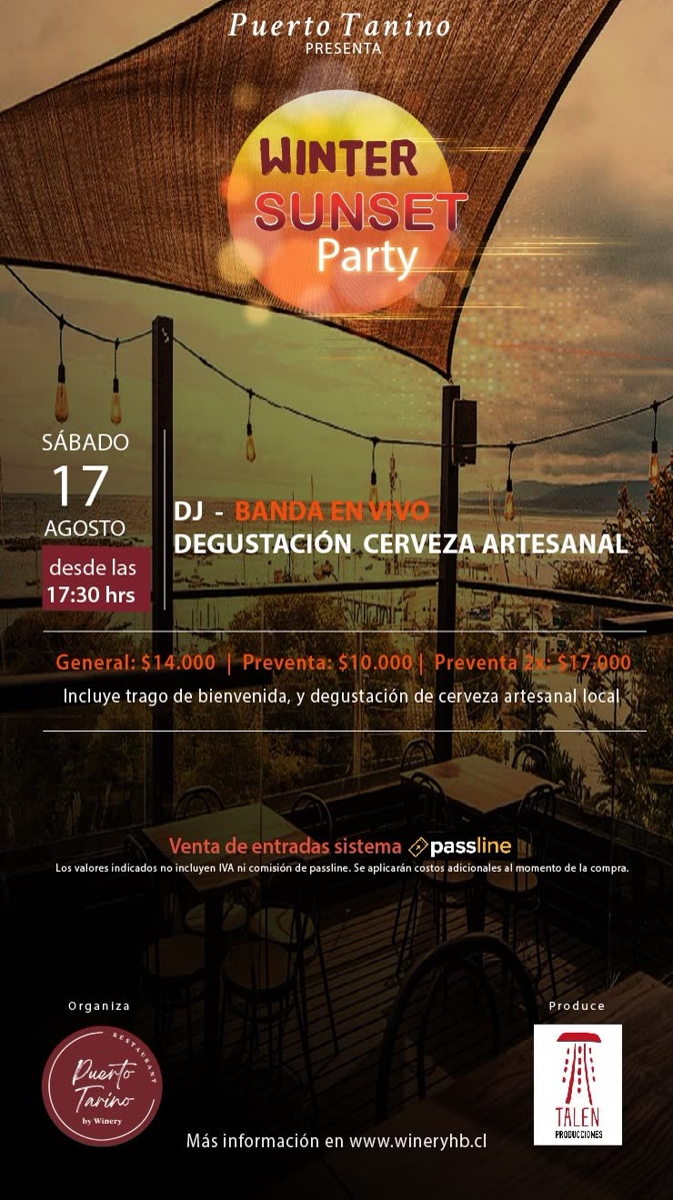 Flyer de la Winter Sunset Party de Puerto Tanino con fecha, valores de entrada y logos de los organizadores