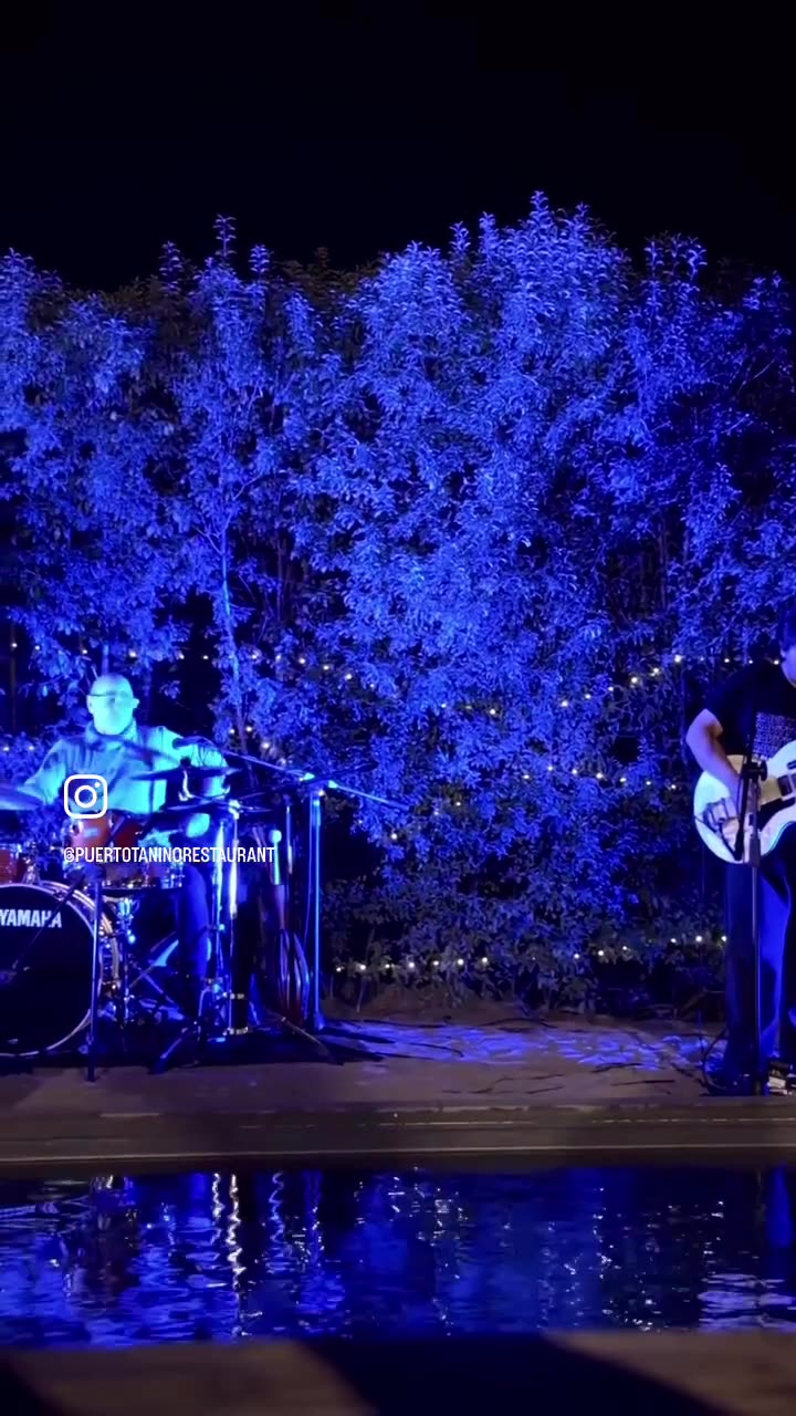 Banda tocando de noche junto a una piscina, con la vegetación iluminada en azul detrás